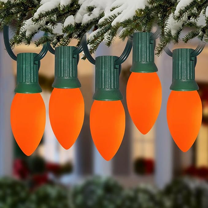 C9 Halloween Orange Replacement Bulbs 25 Pack, C9 Ceramic Orange Incandescent Bulb Christmas Light Bulbs for Halloween String Lights Outdoor Patio Christmas Lighting, E17 Intermediate Base, 7 Watts