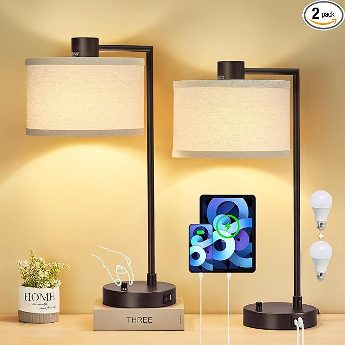 Luvkczc Table Lamp for Bedroom Set of 2 with USB C+A Ports - Fully Stepless Dimmable Bedside Lamp with Linen Lampshade - Contemporary Lamp for Living Room Reading Office, 2 Bulbs Included (Red Brown)