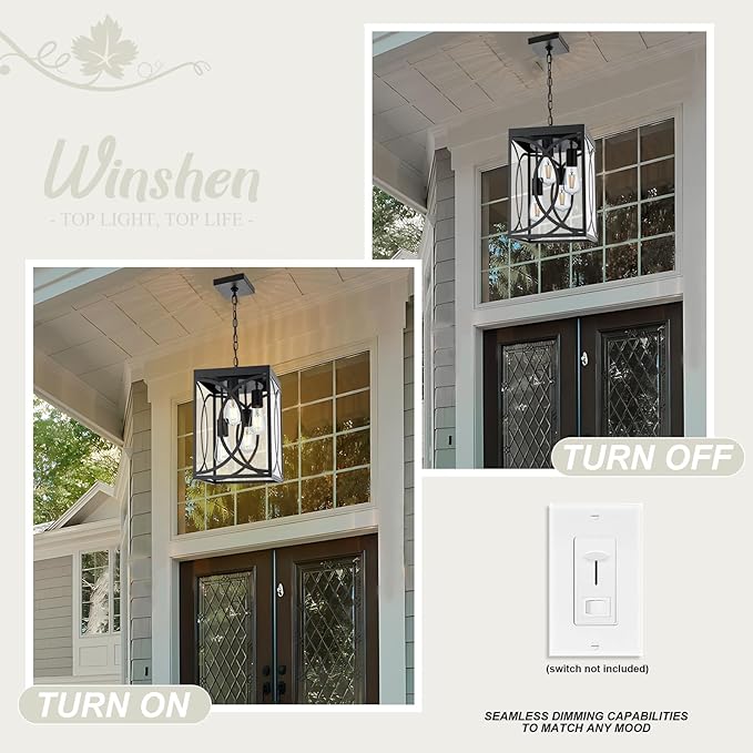 4-Lights Large Outdoor Pendant Lights, Black Hanging Porch Lighting Fixture with Clear Glass, E26 Bulb Base Exterior Lantern Chandelier Ceiling Mount for Front Door Patio Garden