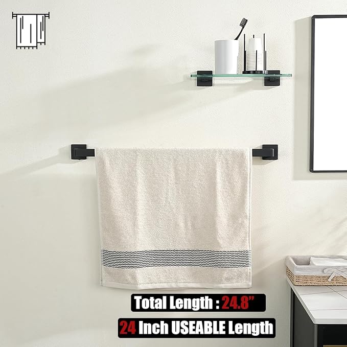 JQK Black Towel Bar, Rounded Edges 26.41 Inch Towel Rack, 304 Stainless Steel Bathroom Wall Mount, Useable Length 24 Inch, TB250L24-PB