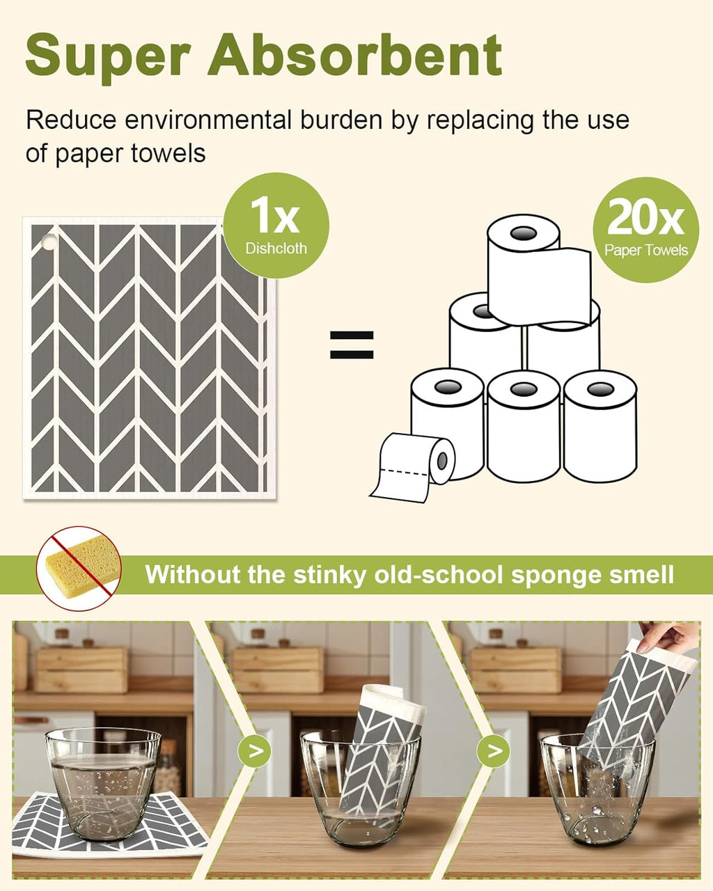 6 Pack Swedish Dishcloths for Kitchen - Reusable Dish Cloths for Washing Dishes Absorbent Cute Funny Kitchen Towels Cleaning Sponge, Grey Checked