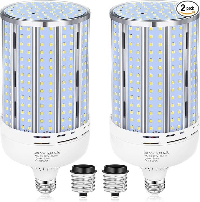 2 Pack 240W Corn LED Light Bulb Fanless,5000K Daylight(2400 Watt Equivalent) E26/E39 Large Mogul Base LED Cob Lamp 34,800LM for Outdoor Indoor Garage Warehouse Factory Workshop Street Backyard