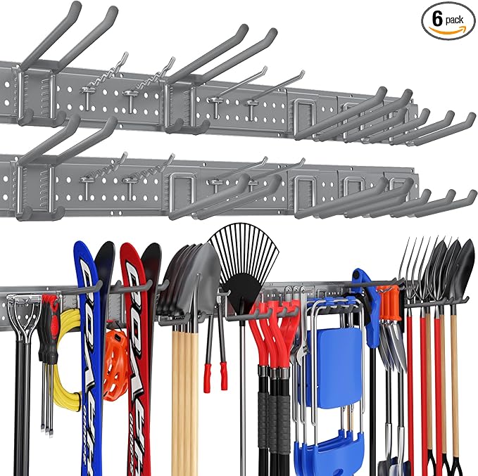 Garage Tool Organizer Wall Mount 96 inches with 18 Adjustable Heavy-Duty Hooks, Garage Organization, Garden Tool Storage Rack, Yard, and Shed, Holds Up to 750 lbs (Grey)