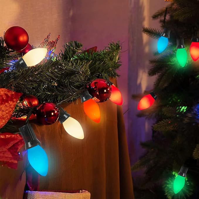 C7 Ceramic Christmas Replacment Bulbs, 25 Pack Multicolor Light Bulbs for E12 Candelabra Base Outdoor/Indoor String Lights, 5 Watt