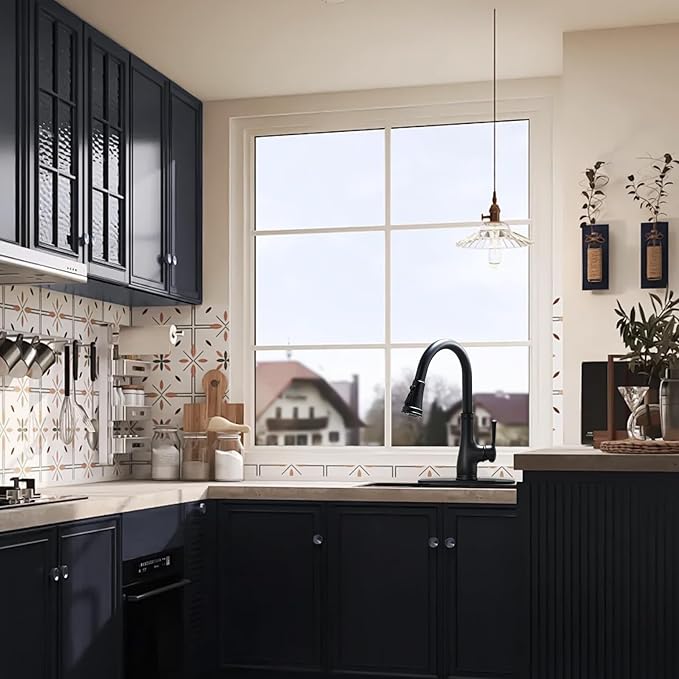 WEWE Vintage Kitchen Faucet with Pull Down Sprayer, Stainless Steel 1 or 3 Hole High Arc Single Handle Antique Sink Faucet for Classic Modern Ktichen, Matte Black