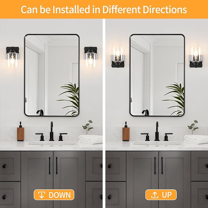 1 Light Modern Bathroom Light Fixtures Over Mirror, Black Vanity Lights for Bathroom Wall Sconces with Clear Glass Shades, E26 Socket (Bulbs Not Included)