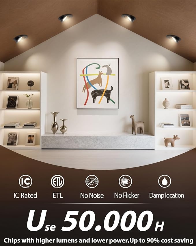 zouzai 4 inch 5CCT Gimbal Black Led Recessed Lights, 360°+90° Adjustable Directional Recessed Lighting, 2700K-5000K Dimmable Retrofit Eyeball Can Lights with Jbox, ETL&Energy Star(Black,1 Pack)