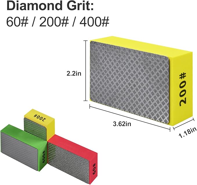 3pcs Diamond Hand Polishing Pads for Ceramic Tile Glass Grinding,Sanding Blocks Polishing 60#,200#,400#