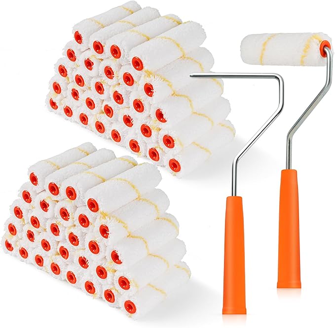 60 Pack Microfiber Paint Roller 4 Inch, Small Paint Roller Covers, 3/8 Inch Nap, Mini Paint Rollers for House Painting with Paint Roller Frame, Wall Painting Tool