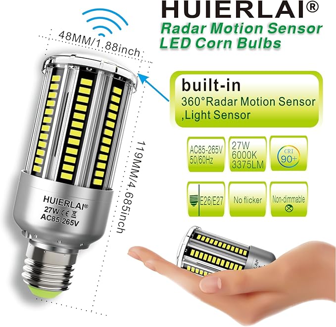 Radar Motion Sensor Light Bulbs A19 250W Equivalent AC85-265V 27W Motion Detector Auto Activated Dusk to Dawn Security Outdoor Porch Lights LED Bulb Daylight White 3375LM E26/E27 (2 Pack)