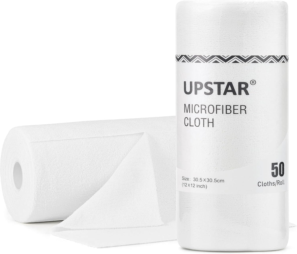 UPSTAR Microfiber Cleaning Cloth, Reusable Paper Towels Rolls, Cleaning Rags for Washing Dishes, Kitchen,Bathroom, 12x12 inch,50 Packs/Roll, White