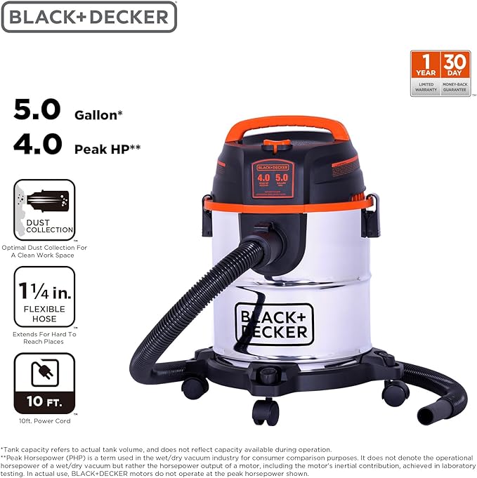 BLACK+DECKER Shop Vacuum Wet and Dry, 5 Gallon 3-in-1 Stainless Steel Shop Vac with Accessories, 4 HP Vacuum Cleaner, for Workshop, Home, Garage and Pet, BDXV18143