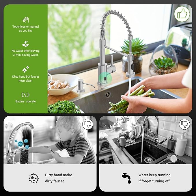 APPASO Touchless Kitchen Faucet with Soap Dispenser, Motion Sensor Activated Hands-Free Automatic Faucet with Pull Down Sprayer, Smart Faucets for Kitchen Sink Brushed Nickel (Battery-Powered)
