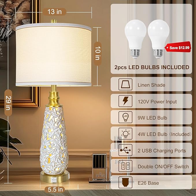 29" Ceramic Table Lamps Set of 2 with Night Light - Lamps for Nightstand,Bedside Lamps with USB Ports,Nightstand Lamps,Modern Table Lamps with White Linen Shade for Living Room,Bedroom(Bulb Included)