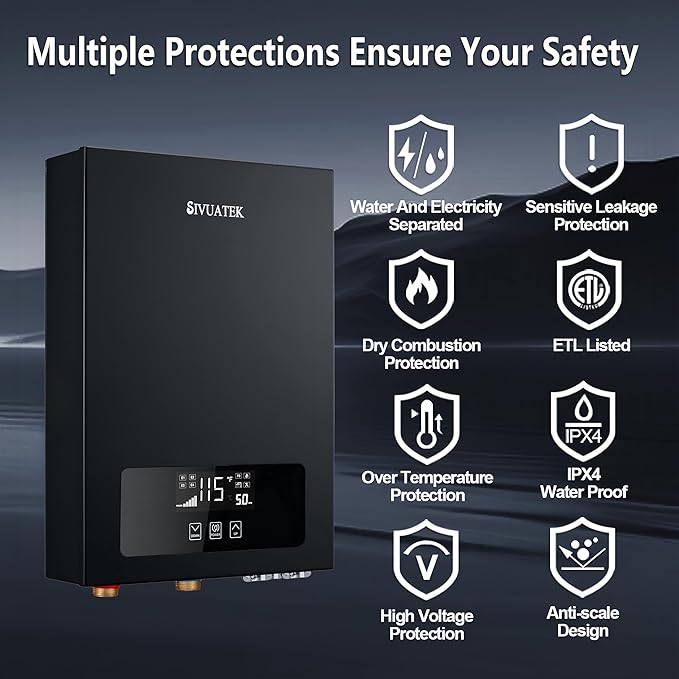 Electric Tankless Water Heater SIVUATEK 24kW, 240V - On-Demand Hot Water for Whole House - ETL Certified, Self Modulating - Compact Design for Easy Installation - for 4 Point of Use Hot Water