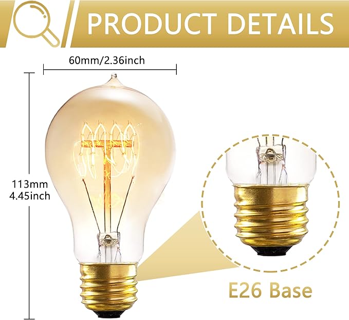 Incandescent Light Bulbs 40W，A19 Vintage Style Edison Light Bulb, 240 Lumen Dimmable 120V E26 Base Amber Glass Retro Bulb Old Fashioned, Squirrel Cage 2200K Warm Yellow Decorative Lamp, 6 Pack