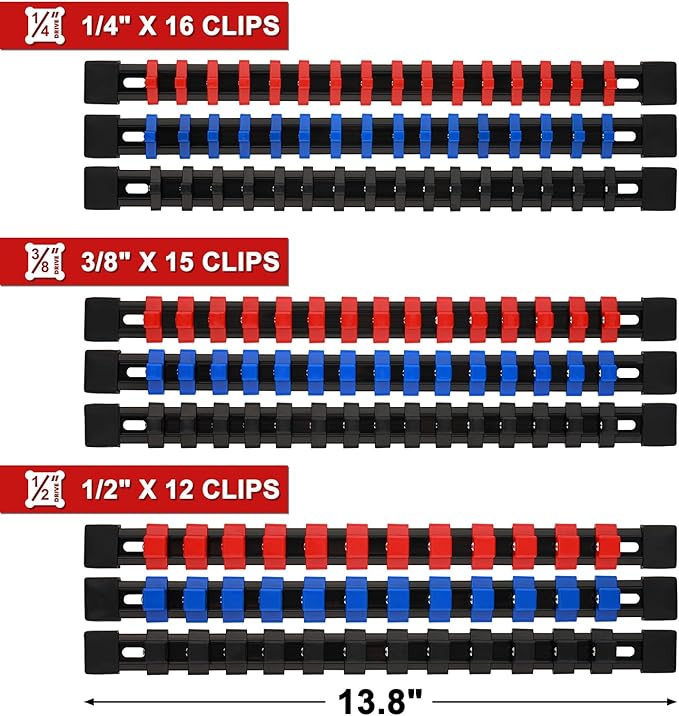 Mayouko 9PCS 1/4",3/8",1/2"Drive ABS Socket Organzier, Socket Rail Holders for Tool Chest, Cart, Toolbox, 1/4"x 48 Clips, 3/8"x 45 Clips, 1/2"x 36 Clips