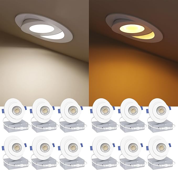 Ensenior 12 Pack 4 inch Gimbal Led Recessed Light with Night Light, 90° Adjustable Directional Eyeball Lighting, Dimmable, 2700K/3000K/3500K/4000K/5000K, 700LM, 9W=85W-FCC Certified