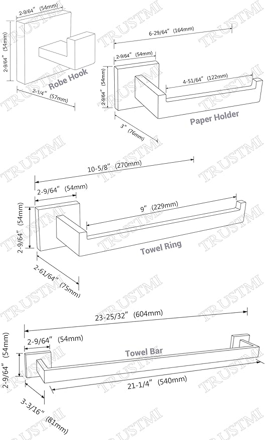TRUSTMI Contemporary 5-Pieces Bathroom Hardware Set Towel Bar Robe Hook Toilet Roll Paper Holder, SUS 304 Stainless Steel Wall Mounted, Brushed Rose Gold