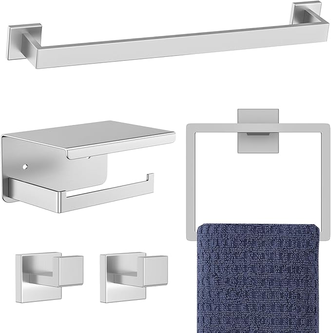 5-Pieces Brushed Nickel Bathroom Hardware Accessories Set,16 Inch Towel Bar Set,Stainless Steel Bathroom Hardware Set Towel Holder Set for Bathroom,Wall-Mounted Bathroom Accessories Kit