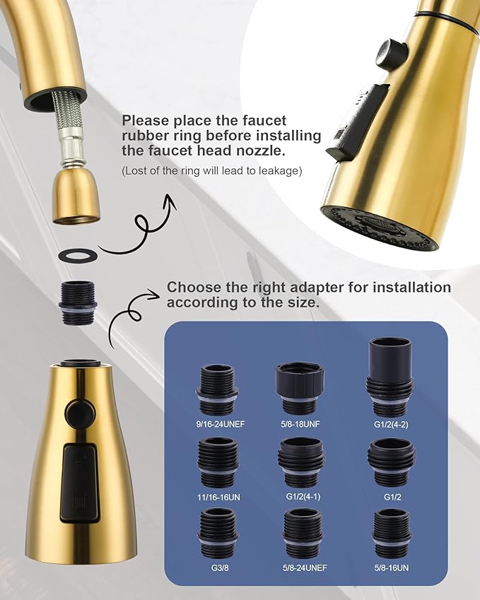 Metal Kitchen Faucet Head Replacement: 3-Function Pull Down Spray Nozzle with 9 Adapters, Sink Sprayer Replacement Compatible with Moen, Delta, Kohler, American Standard Faucets, Brushed Gold