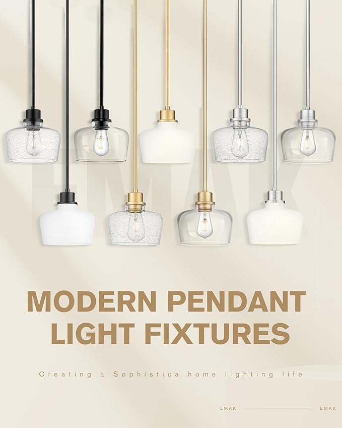 Emak 2 Pack Pendant Lights Kitchen Island, 8 Inch Black Pendant Light with Seeded Glass Shade, Modern Farmhouse Hanging Light Fixture for Kitchen Island, Bathroom, Bedroom, PL122-BK-2PK