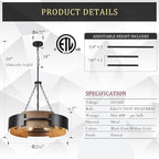 Modern Chandelier 24" Industrial Drum Light Fixture Black Metal 6-Light Hanging Chandelier Walnut Wood Grain for Living Dining Room Foyer Entryway Kitchen