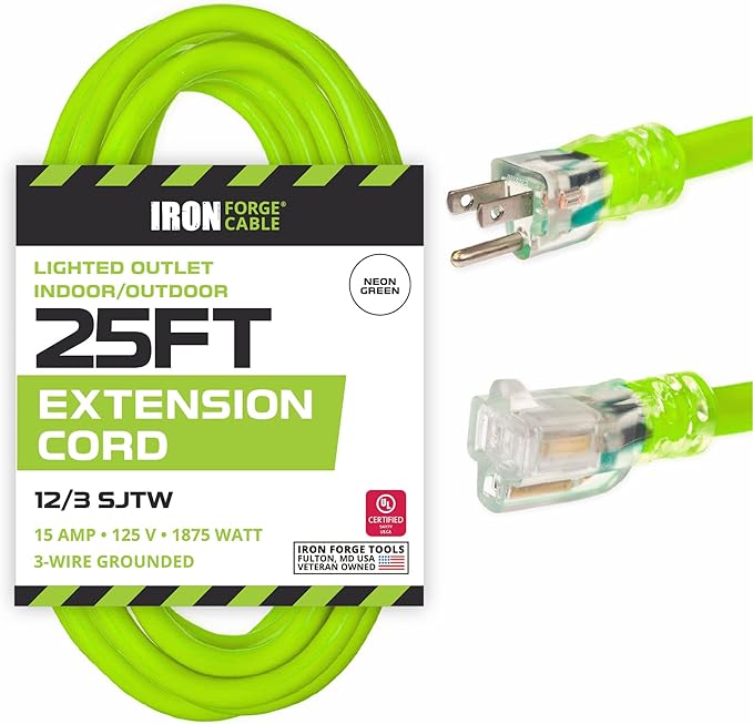 Iron Forge Cable Weatherproof 25 Ft Outdoor Extension Cord - 12/3 SJTW 15 Amp Heavy Duty Light Green High Visibility Cable with 3 Prong - Lighted End
