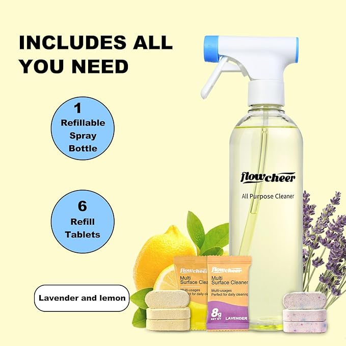 Multi-Purpose Cleaner Starter Kit-Lavender and Lemon Scent all purpose cleaner concentrate,cleaning tablets (6 Refill tablets) with Reusable Spray Bottle Multi-Surface Cleaner, 6x17fl oz
