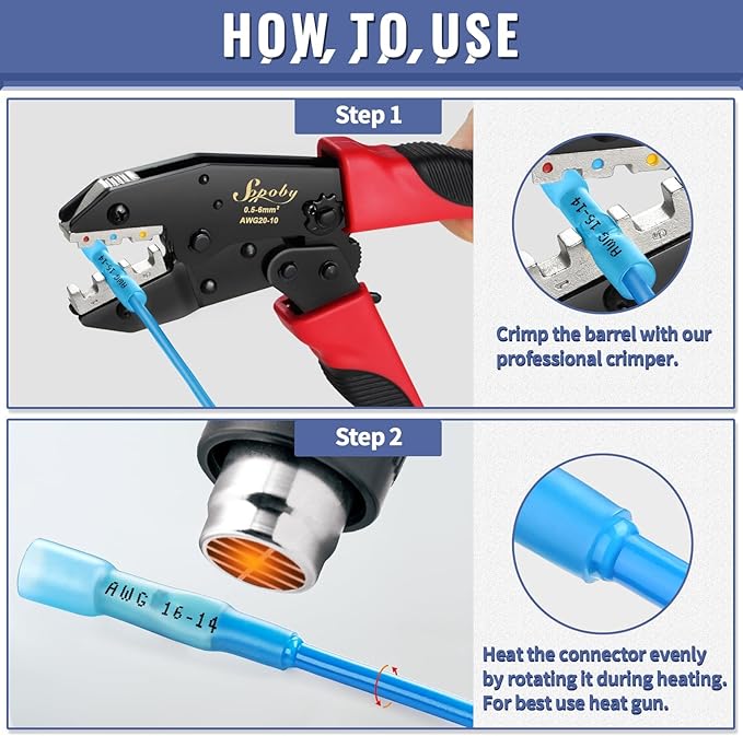 Sopoby Crimping Tool For Heat Shrink Connectors with 210PCS Marine Grade Heat Shrink Butt Connectors of Tinned Red Copper - Electrical Crimping Tool - 20-10 AWG