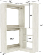 Unikito 36 Inch Corner Closet System, Large Freestanding Closet Organizer System with 2 Hanging Rods and Storage Shelves, Sturdy Walk in Closet Tower, 36" W x 36" D x 80" H, White Oak