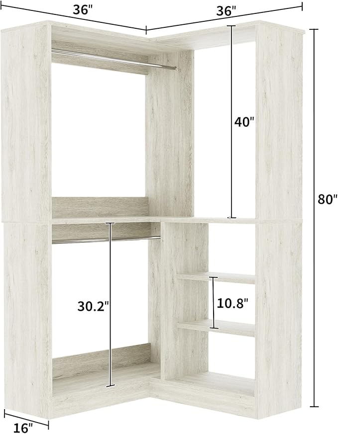 Unikito 36 Inch Corner Closet System, Large Freestanding Closet Organizer System with 2 Hanging Rods and Storage Shelves, Sturdy Walk in Closet Tower, 36" W x 36" D x 80" H, White Oak