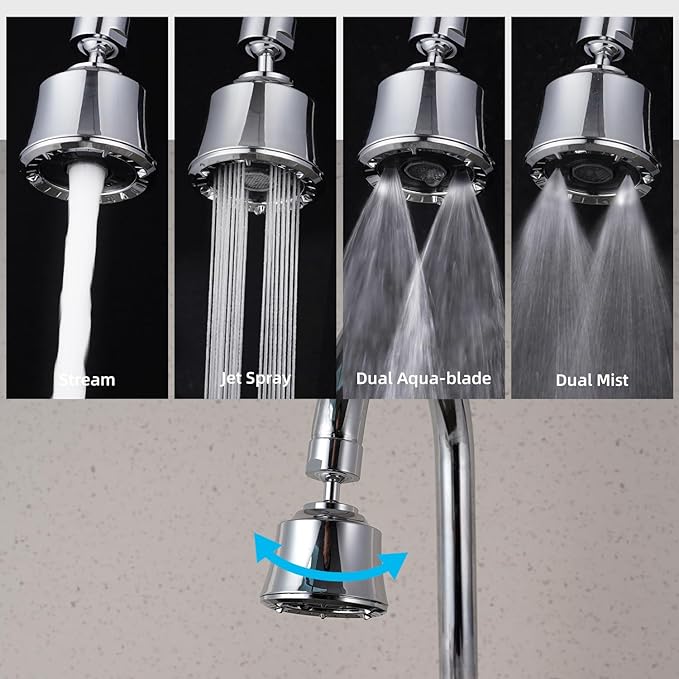 iFealClear Kitchen Sink Faucet Head, 360° Faucet Sprayer Attachment, 55/64-27UNS Large Angle Faucet Aerator Adapter with 2 Metal Swivel Joints, 4 Spray Modes, Extra 15/16" Male Thread Adapters, Chrome