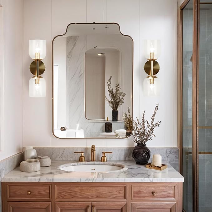 Minimalist Aged Brass Metal Double Wall Sconce, Modern Durable Ribbed Glass Shades Vanity Light, Bathroom Wall Mounted Light Beside Mirror, Wall Light for Hallway, Living Room (Brass)