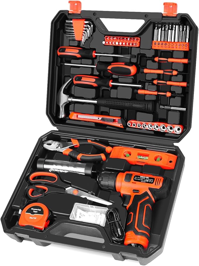 139-Piece Tool Set - Tool Kit with 8V Cordless Drill Driver in ToolBox Storage Case, General Household Drill Set for Home Repairs, Handyman, DIY Projects