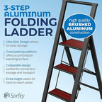 Step Ladder 3 Step Folding, Decorative - Beautiful Mahogany & Black Aluminum, Ultra Slim Profile, Anti Slip Steps, Sturdy-Portable for Home, Office, Kitchen, Photography Use,by SORFEY