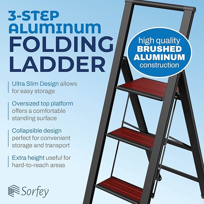 Step Ladder 3 Step Folding, Decorative - Beautiful Mahogany & Black Aluminum, Ultra Slim Profile, Anti Slip Steps, Sturdy-Portable for Home, Office, Kitchen, Photography Use,by SORFEY