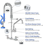 Commercial Faucet with Sprayer 25" Height 8" Adjustable Center 10" Swing Spout,Brass Constructed Wall Mount Kitchen Sink Faucet with Pull Down Pre-Rinse Sprayer for 1/2/3 Compartment Sink