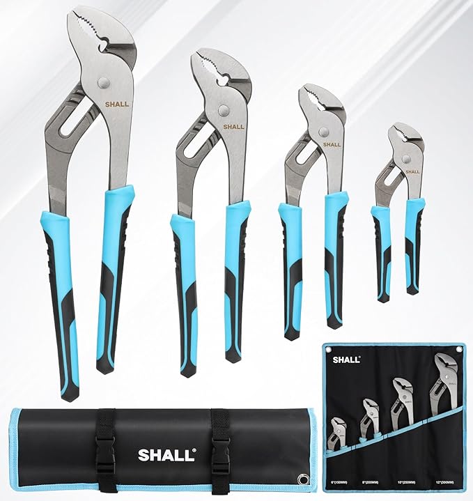 SHALL 4-Piece Groove Joint Pliers Set, 12/10/8/6 Inch Adjustable Water Pump Pliers with Cushion grip, Tongue and Groove Pliers w/Tool Roll Bag for Home Repair, Plumbing, Gripping, Nuts, Bolts