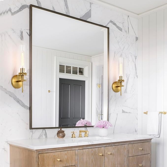 Gold Bathroom Light Fixtures Over Mirror, Vanity Lights Set of 2 with Knurled Texture, Brushed Gold Wall Sconces with Clear Glass Shade, Modern Industrial Bathroom Lighting for Bedroom, Living Room