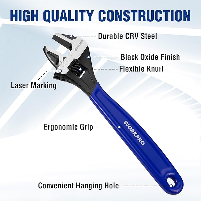 WORKPRO 4-piece Adjustable Wrench Set, 6-Inch & 8-Inch & 10-Inch & 12-Inch Wrenches, Wide Jaw Black Oxide Wrench, Metric & SAE Scales, Cr-V Steel, for Home, Garage, Workshop