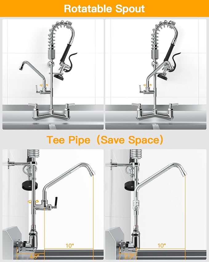 Commercial Sink Faucet Wall Mount with Pre Rinse Sprayer 8 inch Center Wall Mount Kitchen Sink Faucet 25" Height with 10" Add-on Swing Spout for 3 Compartment Sink-Round Sprayer