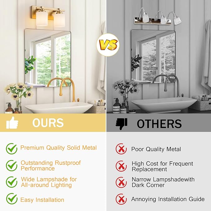 2 Light Modern Bathroom Light Fixtures Over Mirror, Brass Finish Vanity Lights for Bathroom Wall Sconces with Milky White Glass Shades, E26 Socket (Bulbs Not Included)