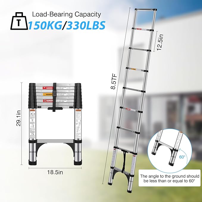 Telescoping Ladders 8.5 FT Stainless Steel - One-Button Retraction Collapsible Extension Ladder for Home,RV,Loft, Lasts 375 LBS with 2 Triangle Stabilizers