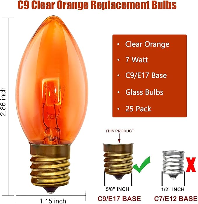 SUNSGNE 25 Pack C9 Orange Replacement Light Bulbs, Halloween Christmas Light Bulbs for E17 Base Outdoor String Lights, E17 Intermediate Base Light Bulbs, 7 Watt, Clear Orange