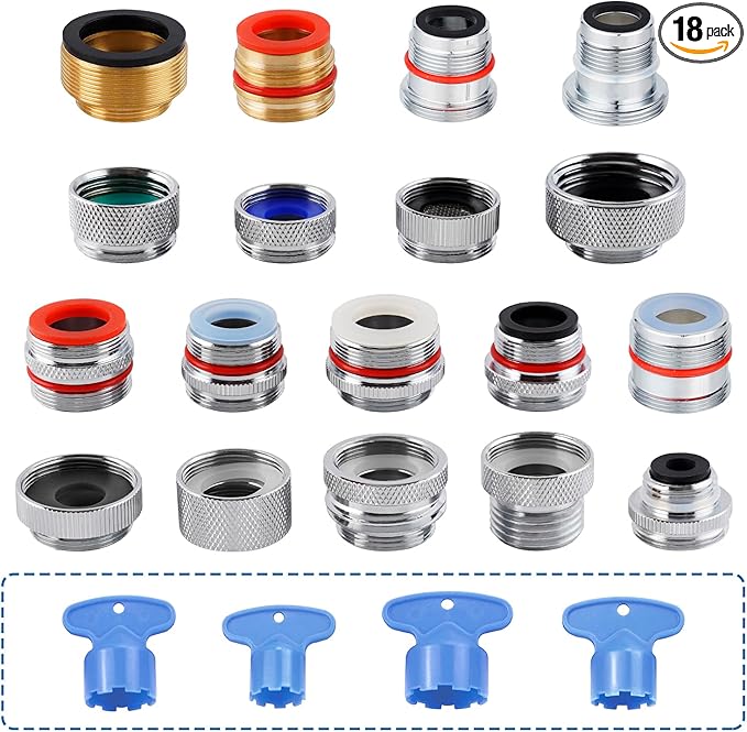 iFealClear 18 Pcs Brass Faucet Adapter Kit, Kitchen Sink Aerator Adapters with 4 Pcs Removal Wrench Tools, Male Female Connectors for Faucet with Removable Aerators to Water Filter, Garden Hose, Rv
