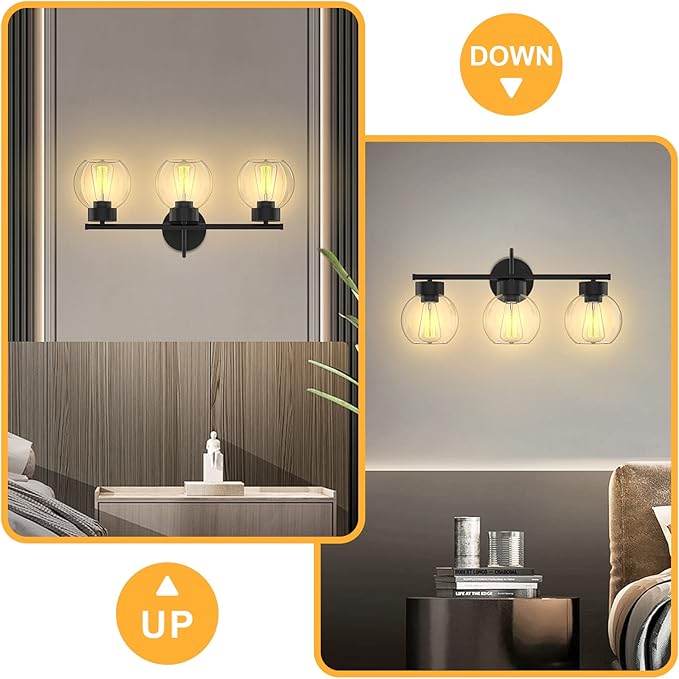 EAPUDUN 3 Lights Vanity Light Fixtures Over Mirror, Matte Black Farmhouse Bathroom Light Fixtures with Clear Glass Shades,Industrial Wall Light Fixture for Bathroom Over Mirror WLA1435-MBK