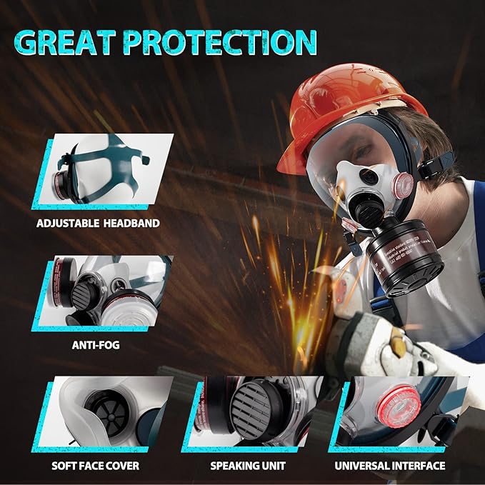 Gas Masks Survival Nuclear and Chemical, Gas Mask with 40mm Activated Carbon Filter and P-A-1 Filter, Full Face Respirator Mask for Chemicals, Gases, Welding, Vapors, Spray Paint