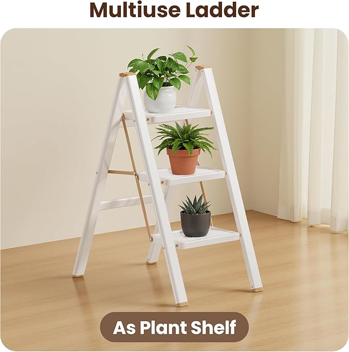 GameGem 3 Step Ladder, Foldable Step Stool with Anti-Slip Pedal, Portable Iron Stepladder for Home and Kitchen, Easy to Store-Cream Chocalate(300LBS)