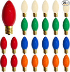25 Pack C9 Multicolor Christmas Light Bulbs, C9 Incandescent Replacement Bulbs for Christmas String Light, Candle Lamps, E17 Intermediate Base, 7Watt